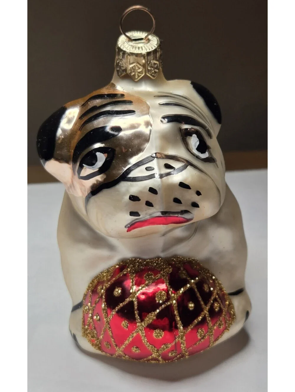 Christopher Radko Glass Pug Dog Christmas Ornament Holding Red Glitter Ball #3